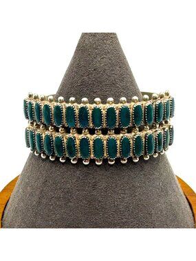 VTG Sterling Silver 925 Green Turquoise Bezel Set Cuff Bracelet Size 7.5" Fit